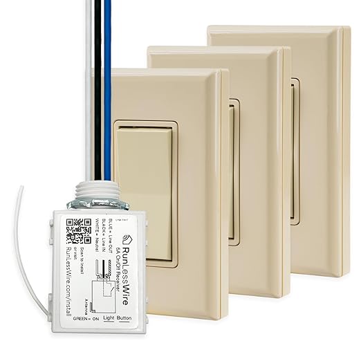 RunLessWire 4-Way Battery-Free DIY Wireless Light Switch Kit 150ft RF Range Self-Powered by Kinetic Energy for Hallways & Stairways: 3 Remote Switches Control 1 5A On/Off Receiver – Light Almond
