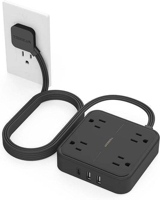 Surge Protector Flat Extension Cord 10FT, TESSAN Flat Plug Power Strip with 4 Outlets 3 USB Ports (1 USB C), 900 Joules Protection, Multiple Wall Outlet Extender Suitable for Home Office Dorm, Black