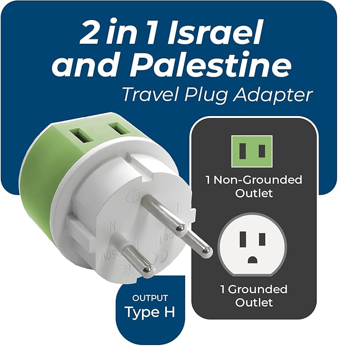 OREI Israel, Palestine Power Plug Adapter with 2 USA Inputs - Travel 3 Pack - Type H (US-14) Safe Grounded Use with Cell Phones, Laptop, Camera Chargers, CPAP, and More