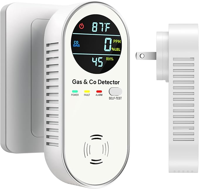 4-in-1 Upgraded Natural Gas Leak & Carbon Monoxide Detectors - Carbon Monoxide Detectors Plug in - Natural Gas, Propane, Co Detector, Temperature & Humidity Detectors for Home, RV (White)