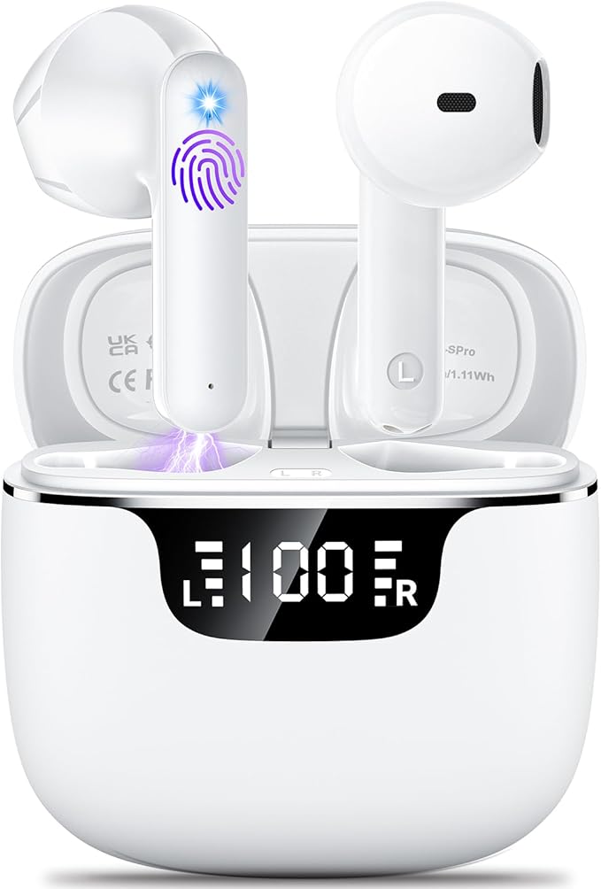 Wireless Earbuds, Bluetooth 5.4 Headphones with 42H Ultralight Ear Buds,Bluetooth Earbuds with 4 ENC Noise Cancelling Mics, HiFi Deep Bass Dual LED Display USB-C, Waterproof Earphones for Android iOS