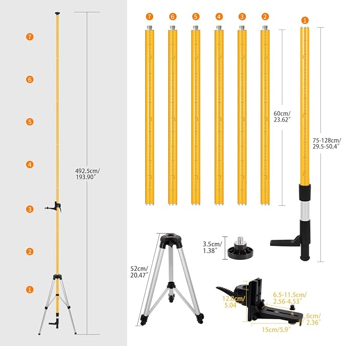 MOETER Telescoping Laser Level Pole with Tripod - 15.7ft/4.8M Laser Pole with Adjustable Bracket, 1/4"-20 & 5/8"-11 Thread Adapters for Rotary and Line Lasers