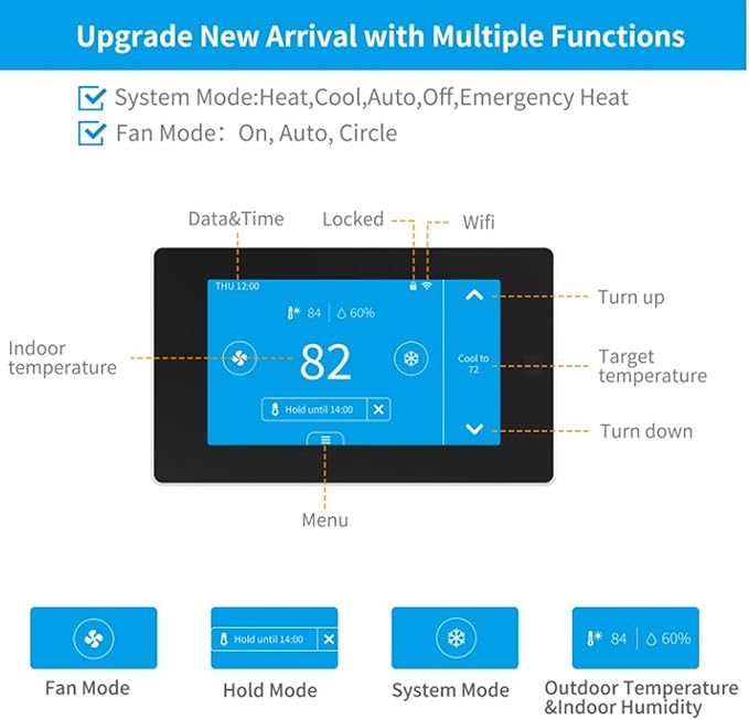 Digital Thermostat Smart WiFi Temperature Monitor Sensor,with Large LCD Touch Screen Remote Control,for Home