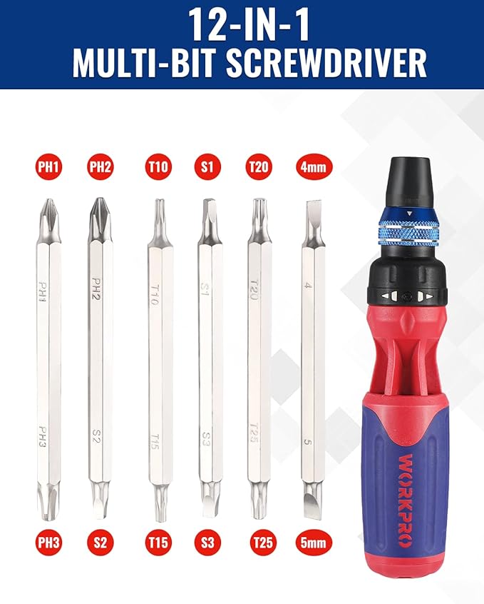 WORKPRO 12-in-1 Ratcheting Multi-Bit Screwdriver Set, Quick-load Mechanism Screwdriver with Double End Bits in Handle