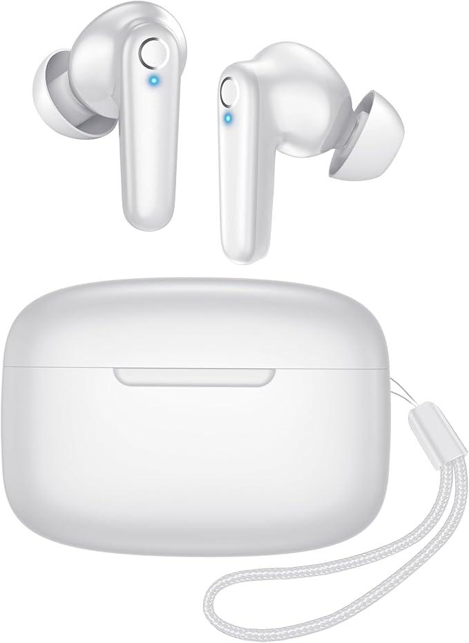Wireless Ear Buds Bluetooth 5.3 60H Using Time Headphones Deep Bass Clear Call Earbuds with Built-in Mic Touch Control Lightweight Headsets for Studying Working Gaming White