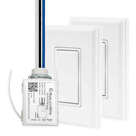 RunLessWire 3-Way Battery-Free DIY Wireless Light Switch Kit 150ft RF Range Self-Powered by Kinetic Energy for Hallways & Stairways: 2 Remote Switches Control 1 5A On/Off Receiver – White