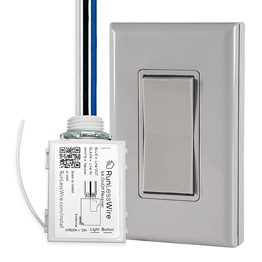 RunLessWire Single Pole Battery-Free DIY Wireless Light Switch Kit 150ft RF Range Self-Powered by Kinetic Energy for Fixtures & Outlets : 1 Remote Switch Controls 1 5A On/Off Receiver – Gray