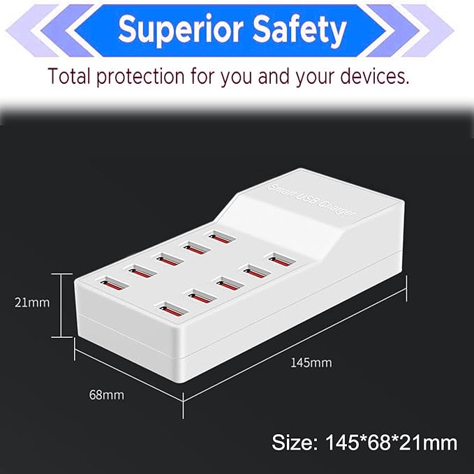 MaxLax USB Charger Station,10-Port 50W/10A Multiple USB Charging Station with Smart IC Technology,Multi Ports Charger Charging for Smartphones，Tablets，and Other Devices.