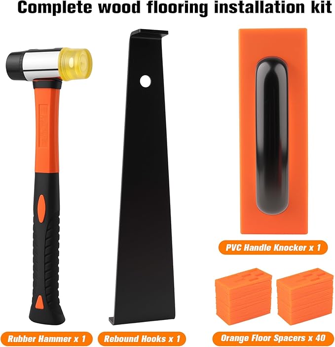 43-Piece Laminate Flooring Installation Kit with Sturdy Double-Ended Hammer, Steel Return Hooks, Snug-Fitting Two-Handed Knocking Block with Handle, and Shims, Perfect for Home and Professional Use