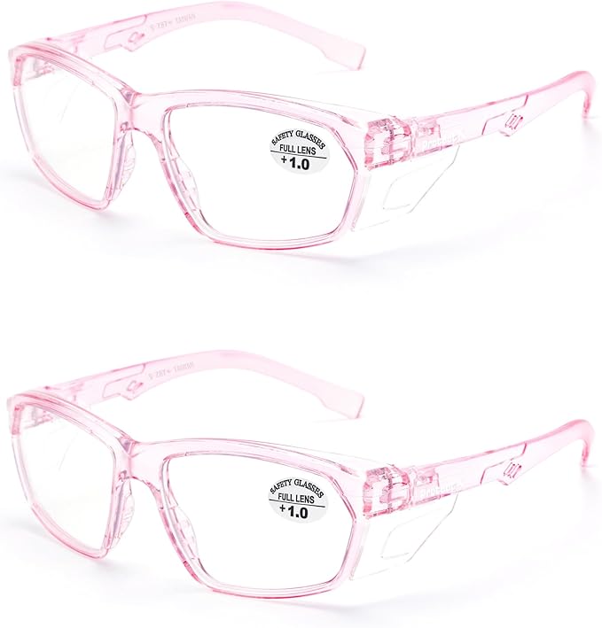 ProtectX Stylish Anti-Fog & Scratch-Resistant Safety Glasses With Readers, UV Protection Goggles, Anti-Impact Lightweight Glasses for Men＆Women Pink Reading 1.0-2 Pack