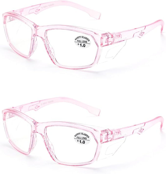 ProtectX Stylish Anti-Fog & Scratch-Resistant Safety Glasses With Readers, UV Protection Goggles, Anti-Impact Lightweight Glasses for Men＆Women Pink Reading 1.0-2 Pack