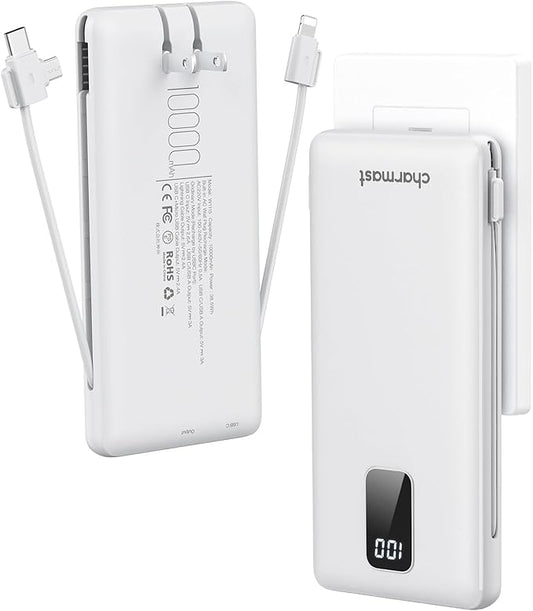 Charmast Portable Charger with Built-in Cables and Plug, 10000mAh USB C Power Bank Fast Charging 15W, External Battery Pack Slim, Travel Essentials Compatible with 16 15 14 13, Samsung Galaxy, iPad