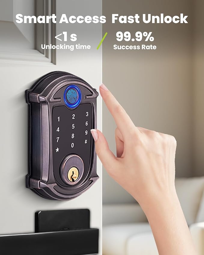 Keyless-Entry Deadbolt Smart Lock Waterproof IP56 Digital Exterior Locks for Front Door,Smartphone Control Fingerprint Door Lock with Keypad and Key Fob,Venetian Bronze - UF02-VB GreenShield