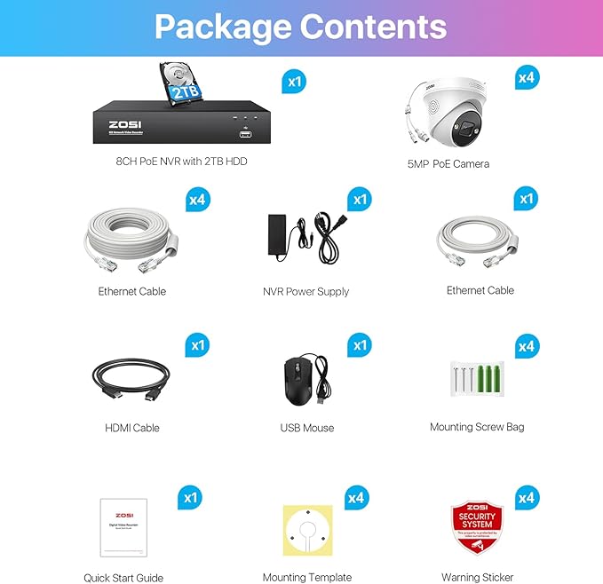 ZOSI 4K Spotlight PoE Security Camera System with Person Vehicle Detection,2 Way Audio,Color Night Vision,8 Port 16CH 8MP NVR with 2TB HDD,4pcs 5MP Outdoor PoE IP Cameras for Home 24/7 Recording