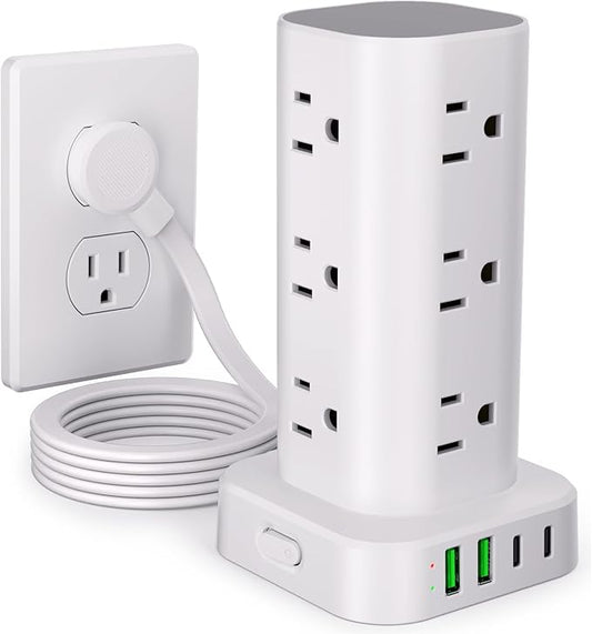 Power Strip Tower with Multiple Outlets, Flat Plug Surge Protector Tower Extension Cord with 12 AC Outlets 4 USB Ports (2 USB C), 6FT Cord Power Tower Surge Protector for Home Office Dorm Room, White