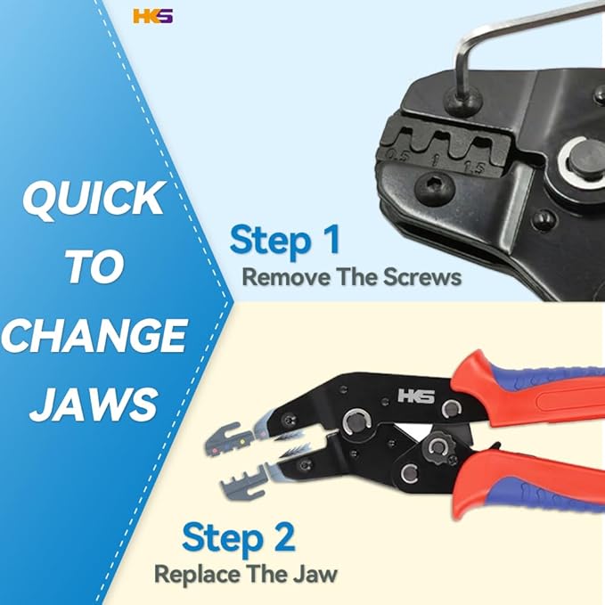 HKS Ratcheting Crimping Tool Set 12 PCS with Wire Stripper & Changeable Jaws for Dupont JST MOLEX - Open Barrel Terminals, Insulated & Non-Insulated Ferrules, Butt Connectors, Solar & Coax Connectors