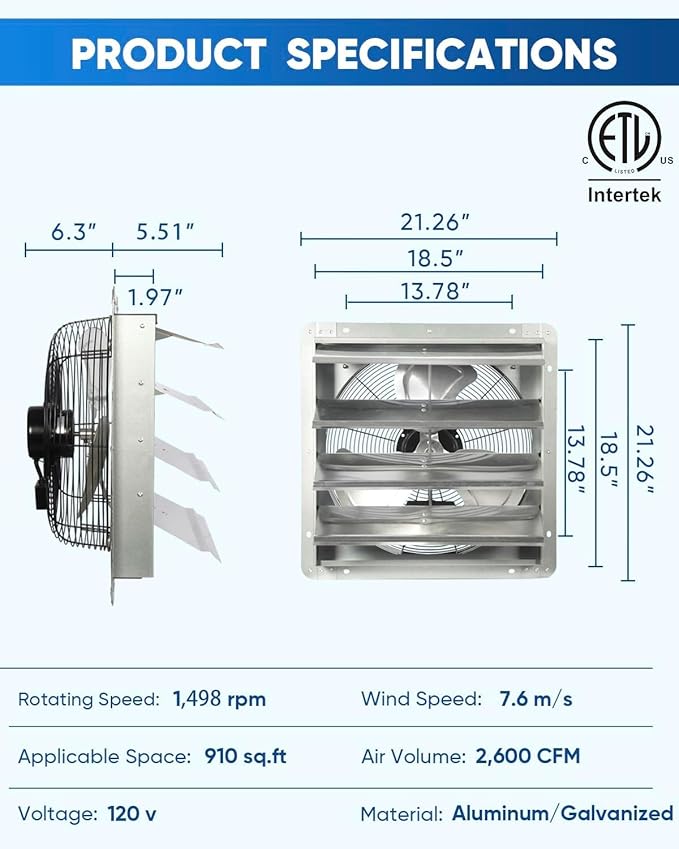 JPOWER 18 Inch Shutter Exhaust Fan, Gable Vent Fan, Wall Mount Ventilation, High Speed 2600 CFM, Automatic Aluminum Blades, for Garages, Shop, Greenhouse, Attic, with Power Cord