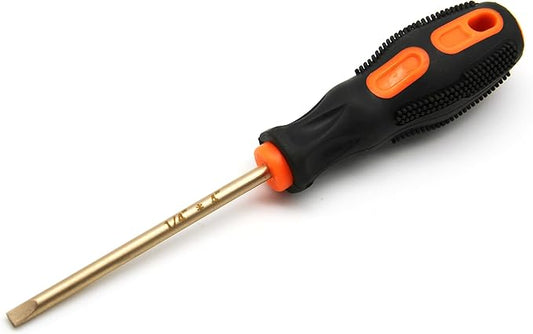 Non-Sparking 1/4 Inch (6mm) Flat Slotted Screwdriver, Beryllium Bronze Copper Non Spark, 4 Inch (100mm) Working Length, 8-1/2 inch Length, Spark Free Safety, non-magnetic, corrosion-resistant