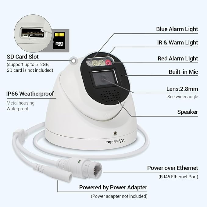 5MP PoE IP Dome Security Camera,Full Color Night Vision,Human Detection,2.8mm Wide Angle,Built-in Mic for Two-Way Audio,SD Card Slot,Outdoor IP66 CCTV Camera in Metal Housing (SD Card Not Included)