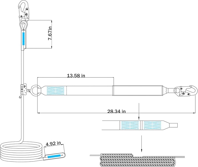 50FT Vertical Lifeline Assembly with Alloy Steel Anti-Panic Rope Grab Snap Hook Shock Absorb Lanyard, Fall Protection Rope Safety Climbing Equipment Roofing Safety Kit, CE ANSI OSHA Rated