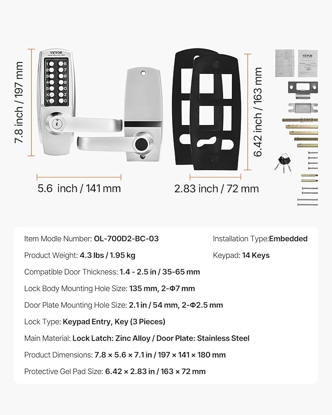 VEVOR Mechanical Keyless Entry Door Lock, 14 Key, Mechanical Keypad with Handle, Stainless Steel Waterproof Keyless Gate Lock, for Home Office Outdoor Garage