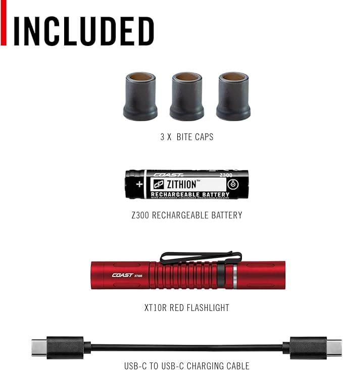 COAST XT10R 280 Lumen USB-C Rechargeable Pocket Flashlight/Penlight with TWIST FOCUS and Two-Way Clip, 3 Bite Caps included, Pocket Size for EDC, Work and Emergencies, RED
