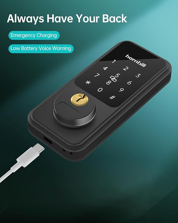 Keyless Entry Door Lock with Handle, Hornbill Smart Front Door Lock Set, Electronic Keypad Deadbolt Lock, Alexa Front Door Handle Set, Digital Lock via Bluetooth APP/Keyfob/Auto Lock-Matte Black