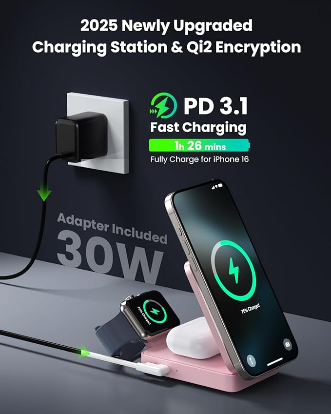 3-in-1 Wireless Charger Charging Station for iPhone, Qi2 Certified 15W Fast Charging Foldable Magnetic Charger Stand with 30W USB C Adapter for MagSafe iPhone 16/15/14/13/12, Apple Watch, AirPods