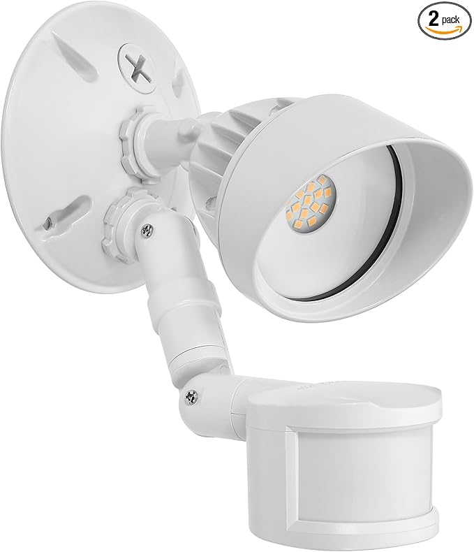 Maxxima LED Outdoor Flood Wall Light, Exterior Security Light with Adjustable Head, 950 Lumens, Featuring Motion Sensor and Dusk to Dawn Sensor, 3000K Warm White, White Fixture