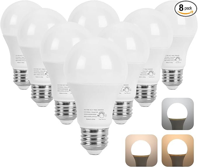 Triac Dimmable A19 LED Light Bulbs, 3 Color 4000K/3000K/6000K, 9W (60 Watt Equivalent), 930 Lumens, E26 Base, 8-Pack