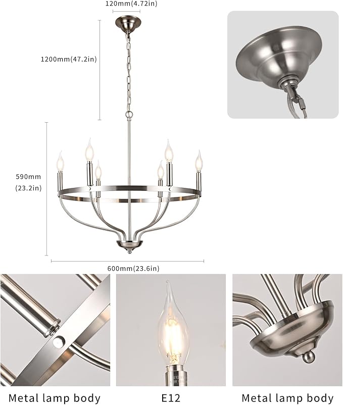 6-Light Brushed Nickel Chandelier Modern Candle Chandeliers Light Fixture Sputnik Pendant Light Adjustable Hanging Light Over Table for Dining Room Kitchen Island Bedroom E12