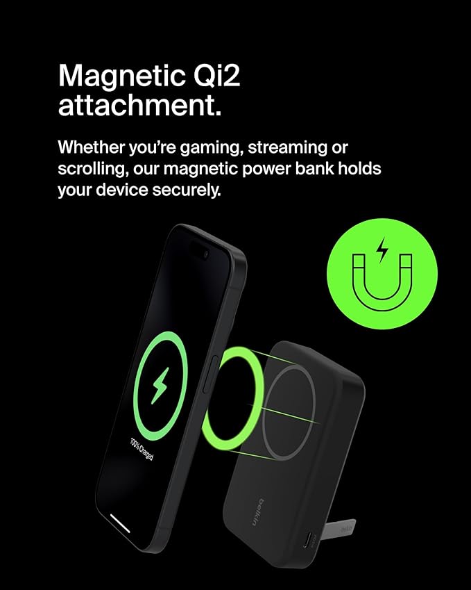 Belkin Portable Charger, Wireless Power Bank 15W 10000 mAh w/ Qi2, MagSafe Charger + Built-in Pop-up Kickstand - Compatible w/iPhone 16, 15, 14, Plus, Pro, Max, Google Pixel 10, etc. - Black