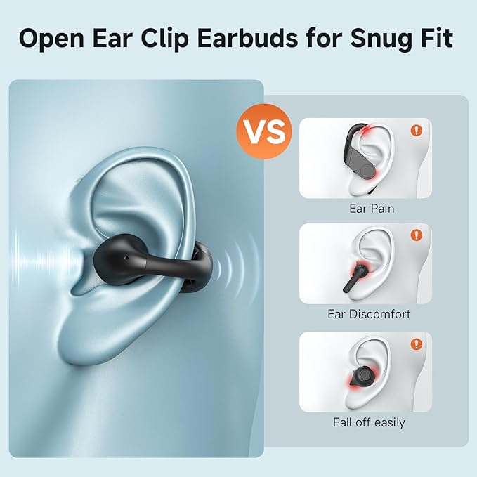 CXK Open Ear Headphones, Bluetooth 5.4 Bluetooth Earbuds Flexible Ear Clip Design Bone Conduction Headphones with LED Digital Display 30H Playtime Lightweight Comfort Clip on Earbuds for Workout
