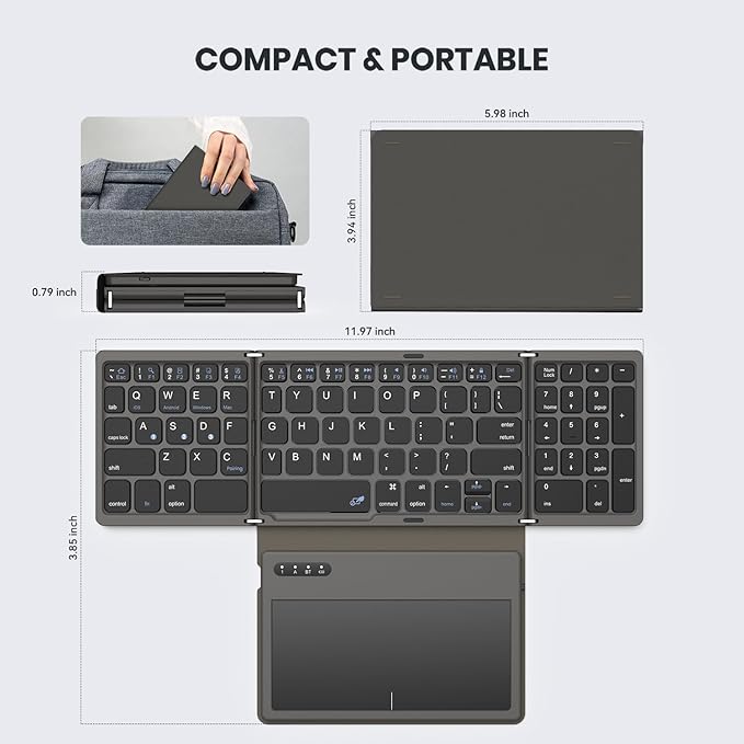 Foldable Bluetooth Keyboard, Portable Full Size Folding Keyboard with Large Touchpad, Numeric Keypad, PU Leather, Wireless TravelKeyboard for Windows iOS Android Mac(Grey)