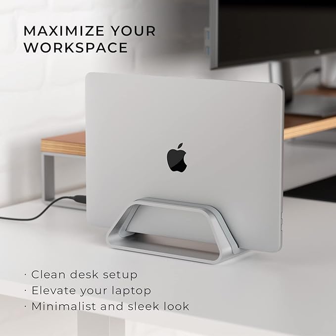 HumanCentric Vertical Laptop Stand Compatible with MacBook Pro and MacBook Air, Holder for Personal Computer Desk Stand, Aluminium, Exchangeable Inserts to Fit Different Device Models, Silver