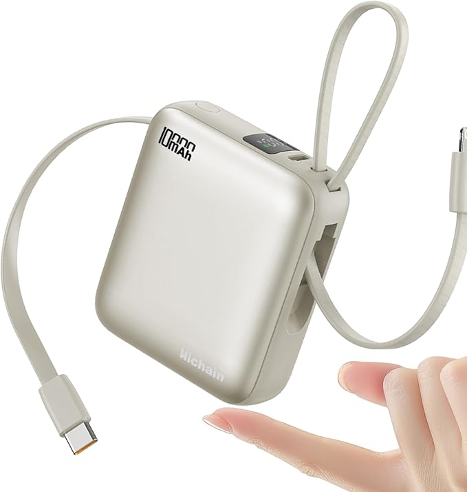 Hichain Small Portable Charger with Built in Cables LED Display, Mini Power Bank 10000mAh 22.5W USB-C Fast Charging Battery Pack, Travel Essential Power Bank for iPhone, iPad, Samsung, Android (Gold)