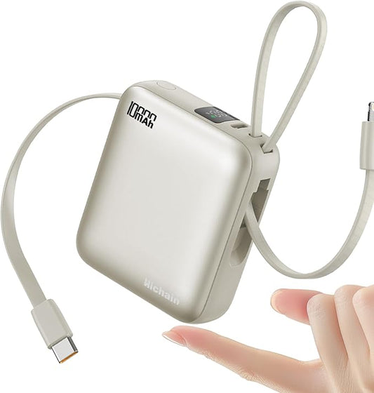 Hichain Small Portable Charger with Built in Cables LED Display, Mini Power Bank 10000mAh 22.5W USB-C Fast Charging Battery Pack, Travel Essential Power Bank for iPhone, iPad, Samsung, Android (Gold)
