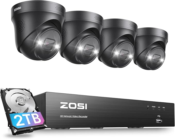 ZOSI 4K PoE Security Camera System,2 Way Audio,8 Ports 16CH 8MP/4K NVR with 2TB HDD,4pcs 8MP Outdoor Indoor PoE IP Cameras,Person Vehicle Detection,Spotlight Color Night Vision,for 24/7 Recording
