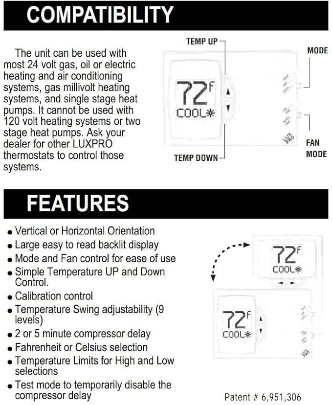 Lux Pro Non-Programmable Thermostat for Home; Backlight Digital Energy Saving Thermostat, 1 Stage System, 1heat/1 Cool, Easy DIY Install, PSD111B, 10 Pack, Batteries Included