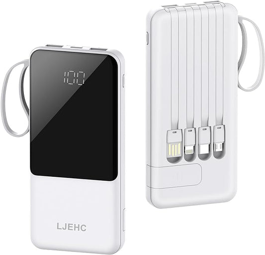 Portable Charger with Built in Cables,10000mAh Slim USB C Power Bank,5 Output 3 Input LED Display High Speed External Battery Pack Travel Phone Charger for iPhone Samsung Pixel LG Moto iPad,White