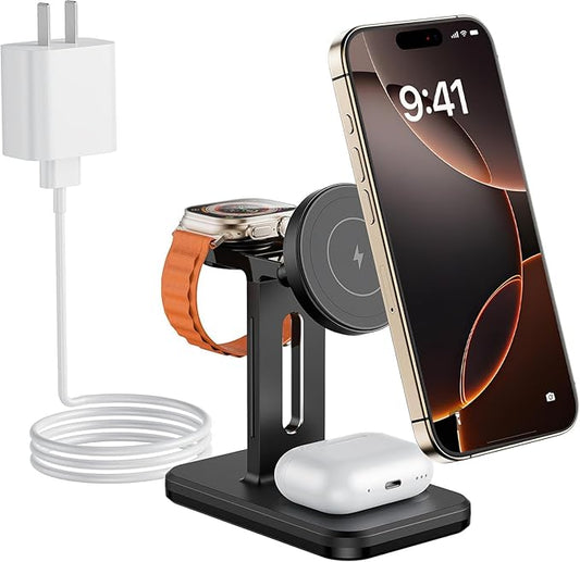 3 in 1 Fast Wireless Charging Station for Magsafe Apple Devices, Aluminum Alloy Charger Station with Adapter, Magnetic Charging Stand for iPhone 16/15/Pro/ProMax/14/13/12, Apple Watch & AirPods, Black