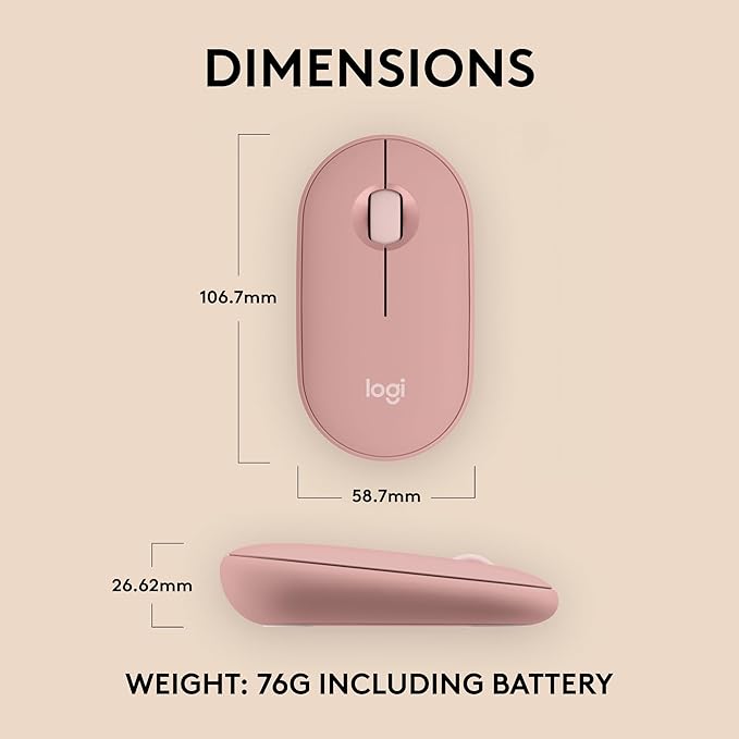 Logitech Pebble Mouse 2 M350s Slim Bluetooth Wireless Mouse, Portable, Lightweight, Customizable Button, Quiet Clicks, Easy-Switch for Windows, macOS, iPadOS, Android, Chrome OS - Tonal Rose
