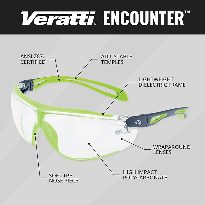 Veratti Encounter Safety Glasses, Anti-Fog Clear Lens, ANSI Z87.1 Certified, Dielectric Gray/Green Frame, Impact Resistant