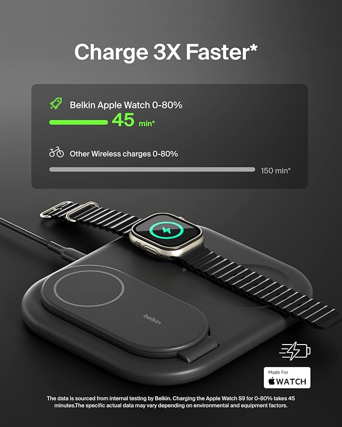 Belkin 3-in-1 MagSafe-Compatible iPhone Charger 15W, Foldable Magnetic Qi2-Certified Wireless Charging Station for iPhone 16, Apple Watch Series 10, AirPods 4, and More, w/Non-Slip Base & PSU - Black