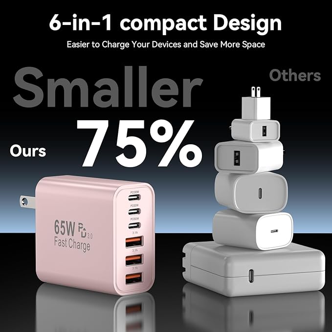USB C Charger Block, 65W GaN 6 Port USB C Fast Wall Charger 30W Type C Charging Blocks, 3USB C+3USB A PPS/PD 3.0 Multiport Charging Cube for iPhone 16 15 14 13 Pro Max,for Galaxy S25 S24,2 Pack,Pink