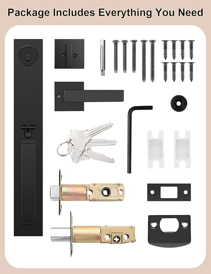 Front Door Lock Set, Full Escutcheon Front Door Handle Sets, Heavy Duty Entry Door Lock Sets with 3 Keys, Door Locks with Deadbolt Lever Handle
