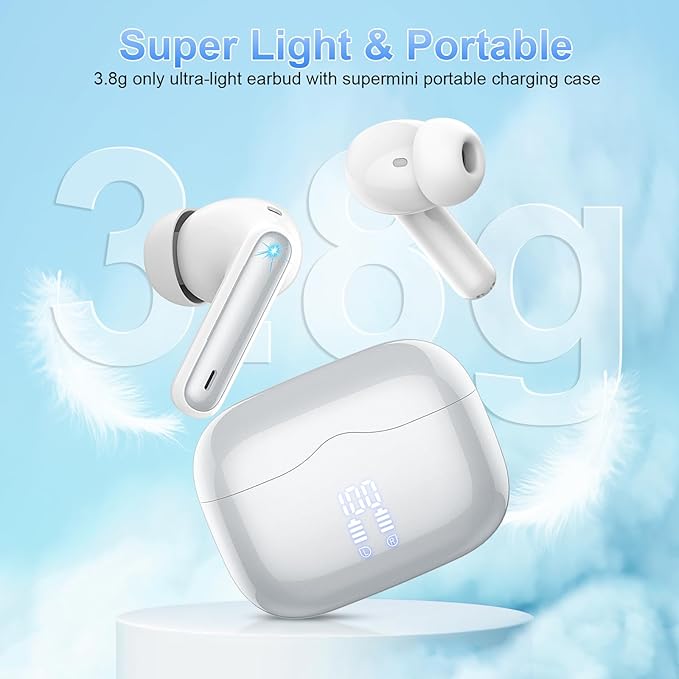 Wireless Earbuds, Bluetooth 5.4 Headphones in Ear with 4 ENC Noise Cancelling Mic, New Wireless Earphones HiFi Stereo Deep Bass 40H Playtime, In-Ear Bluetooth Earbuds LED Display IP7, USB-C, Silver