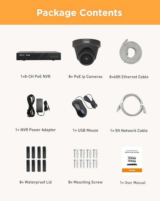 8 Channel Security Camera System PoE, 8X Wired IP Dome Turret PoE Camera for Indoor Outdoor, Remote Playback 24/7 Recording, Human Detection, Built-in Mic, 4K 8CH NVR 2TB HDD, PD93A30808-5M