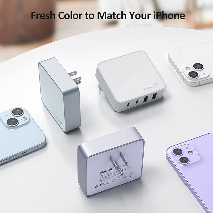 Nekmit USB C Charger, Thin Flat 52W 4-Port Fast Wall Charger with Two 20W Power Delivery and 2 USB Port for iPhone 14/14 Pro/14 Pro Max, Galaxy, Pixel, iPad Pro, AirPods Pro and More, Purple