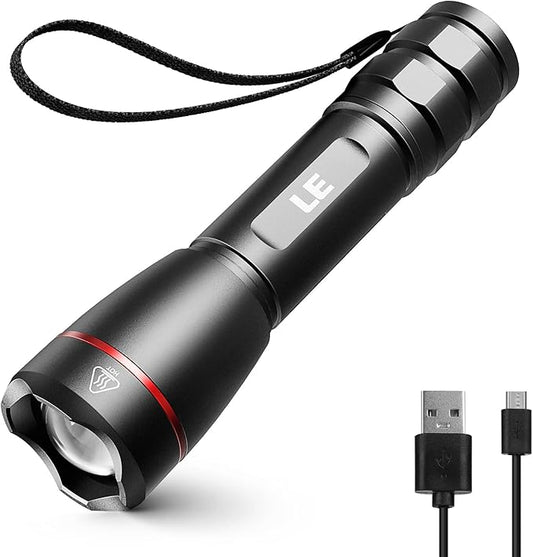 Lepro LED Rechargeable Flashlight, LP3000 High Lumens, Zoomable, Bright Flashlight, Waterproof, 5 Lighting Modes, Small Handheld Flashlight for Camping, Emergencies, USB Cable Included